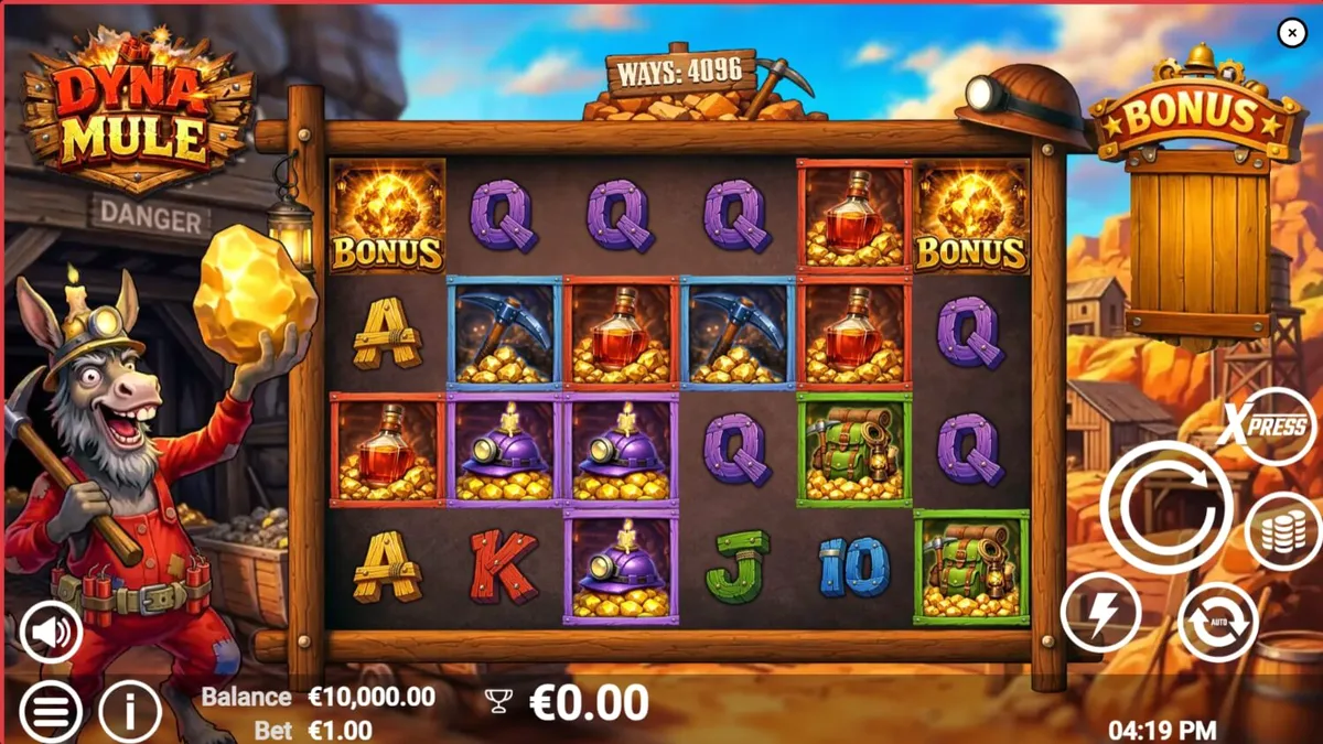 Giao diện trò chơi slot Dyna Mule với chủ đề khai thác mỏ