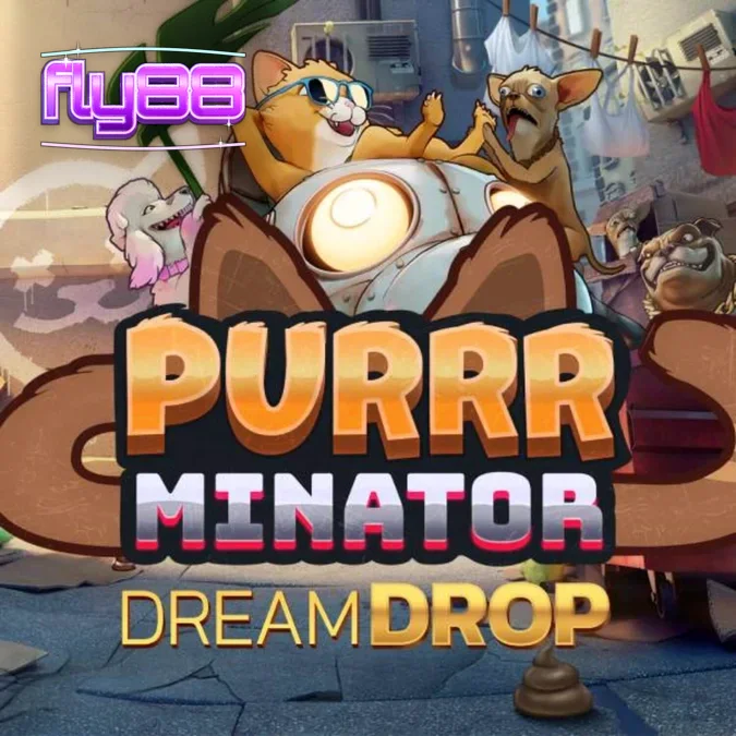 Giao diện trò chơi slot Purrrminator Dream Drop với phong cách cyberpunk
